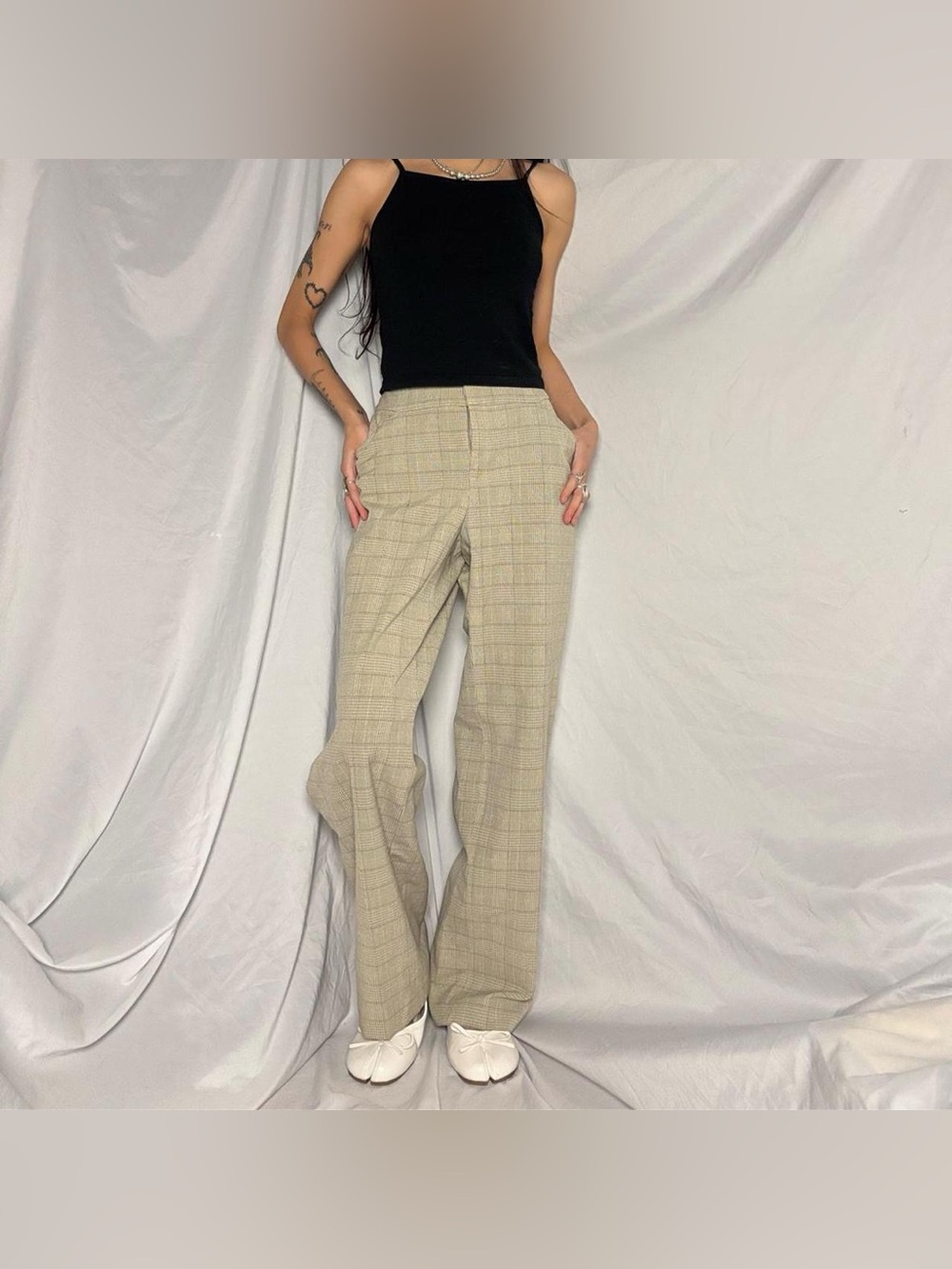 Rafaella Pale Green Plaid Straight Leg Trousers Size 6 Petite